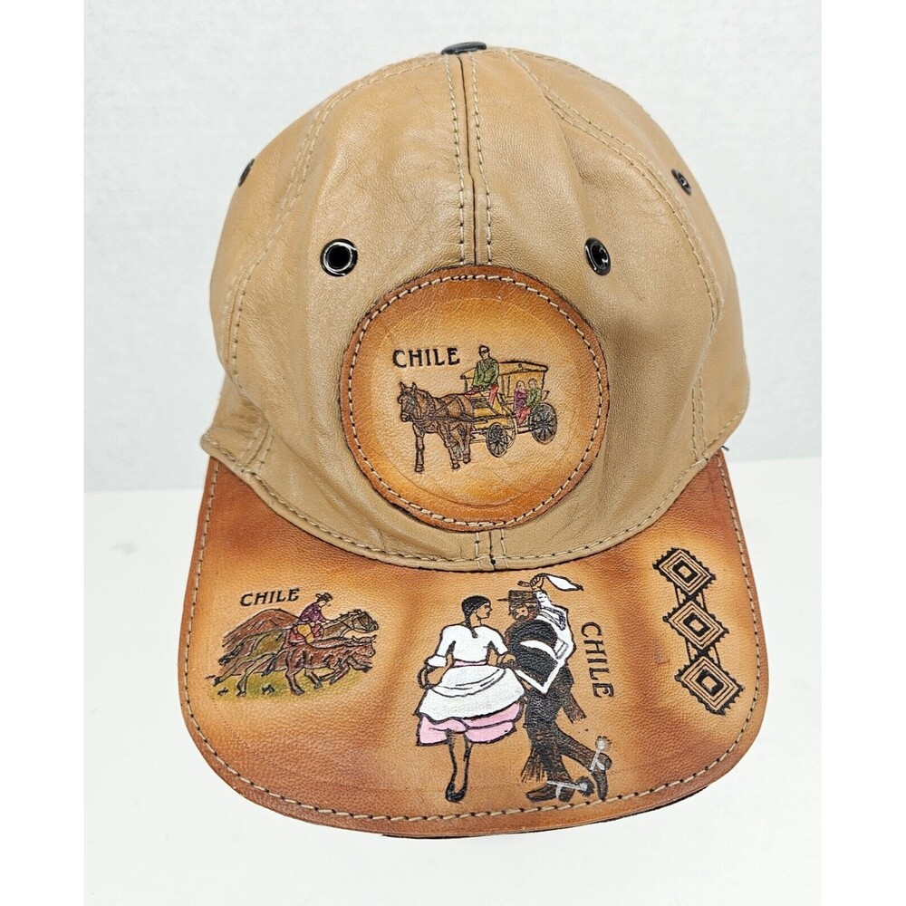 Men's Leather Chile Adjustable Cap Hand Tooled Scenes Color Lined